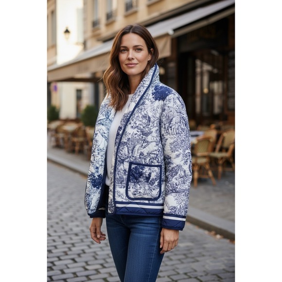Unbranded Jackets & Blazers - Unbranded Toile de Jouy Quilted Puffer Jacket Womens Blue White Small